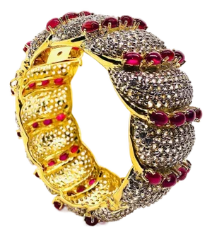 Bochic "Capri" Vintage Natural Ruby & White Topaz Bangle Set In 18K Gold & Silver