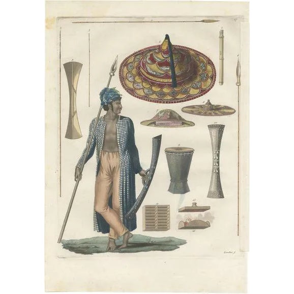 Ferrario, A Warrior and Weapons of Guébé Island, 1831, Print For Sale
