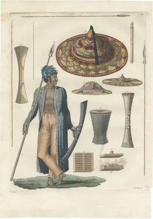 Ferrario, A Warrior and Weapons of Guébé Island, 1831, Print