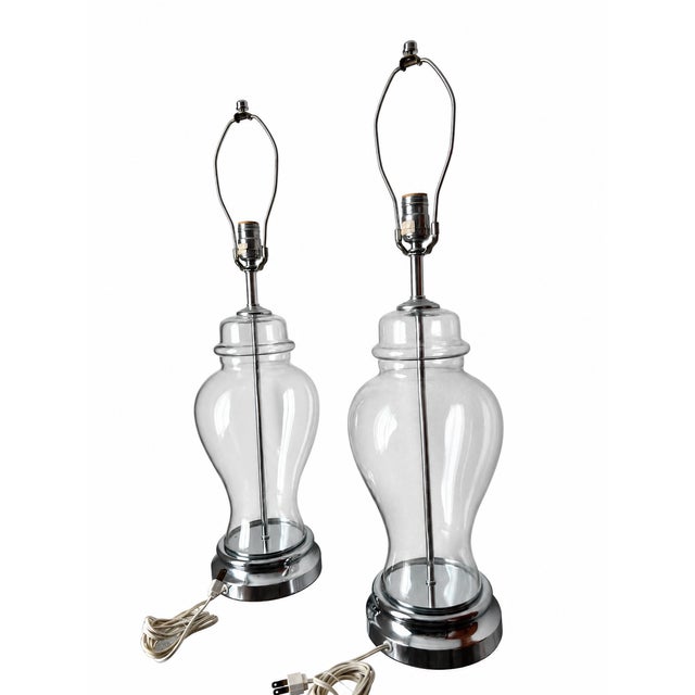 Late 20th Century Late 20th Century Clear Glass Baluster Table Lamps With Chrome-Tone Bases - Pair For Sale - Image 5 of 14