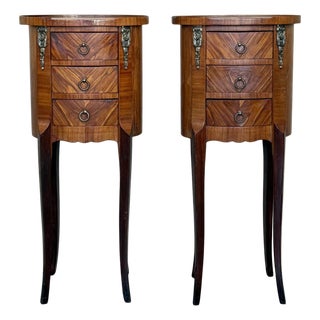 Pair of Louis XV Style Narrow Nightstands with Three Drawers and Cabriole Legs For Sale