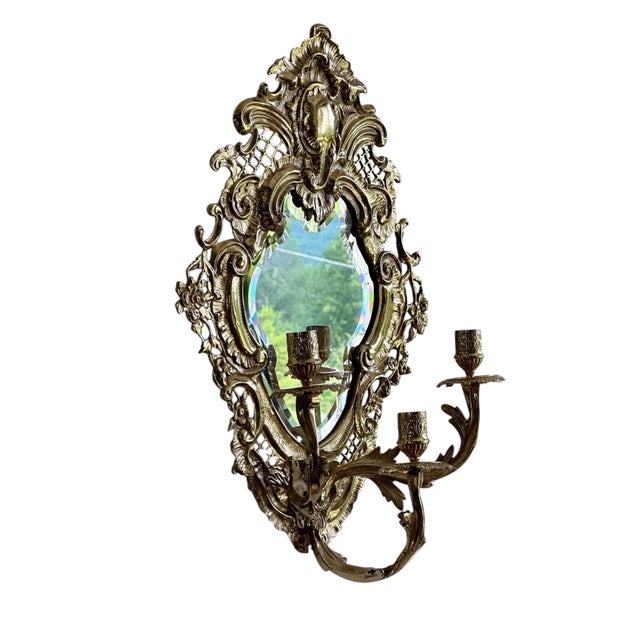 Vintage Gilded Brass Wall Sconces W/ Beveled Mirrors For Sale - Image 9 of 14