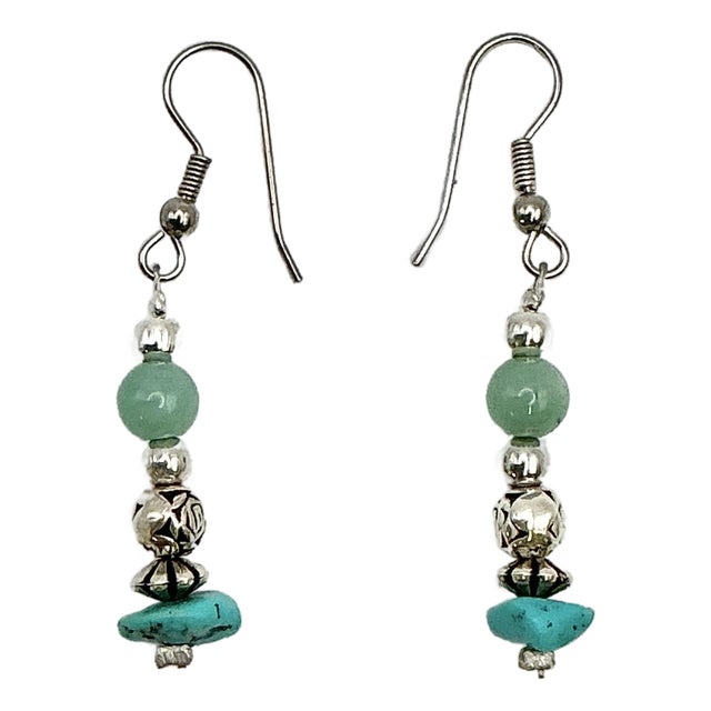 1970s Vintage Southwestern Mexican Boho Chic Sterling, Turquoise & Jade Dangle Pierced Earrings - A Pair For Sale