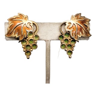 Vintage 1960s Signed Napier Green & Orange Enamel Grape Cluster Clip Earrings-2 Pieces For Sale