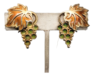 Vintage 1960s Signed Napier Green & Orange Enamel Grape Cluster Clip Earrings-2 Pieces