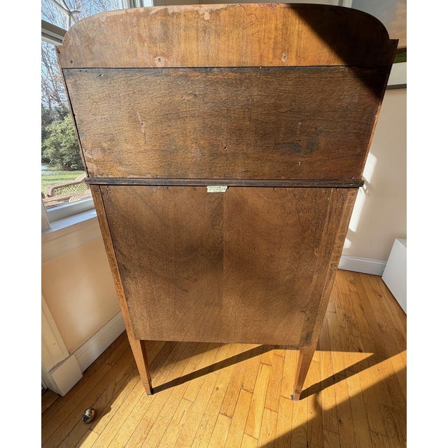 Antique Tennenbaum Flame Mahogany Secretary Desk with Leather Fall Front and Custom Bouclé Chair For Sale - Image 12 of 18