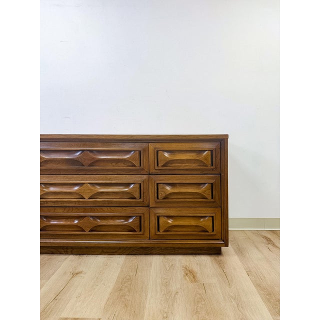Mid 20th Century Vintage MCM Nine Drawer Dresser With Bowtie Inlay Retro Walnut Bedroom Storage For Sale - Image 5 of 9