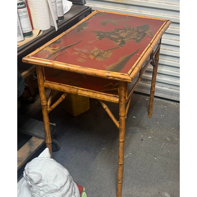 Late 19th Century Victorian Chinoiserie & Burnt Bamboo Red Lacquer Side Table Desk For Sale - Image 5 of 8