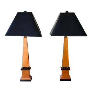 Pair Tall Table Lamps, Obelisk Form, Ebony Accents