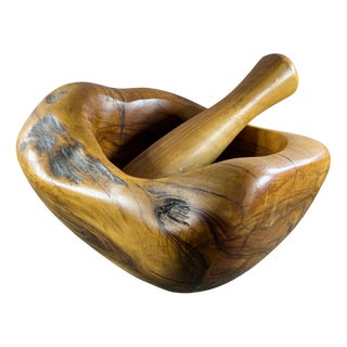 Large Sculptural Olive Wood Mortar and Pestle by Jean-Paul Brin, Vallauris, France, 1990s, Set of 2 For Sale