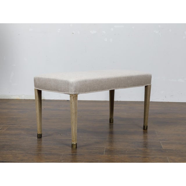 Art Deco French Art Deco 1930s Bleached Walnut Bench with Brass Feet and Upholstery For Sale - Image 3 of 10