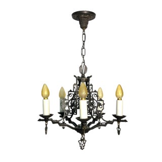 1920s Cast Iron 5 Light Chandelier With White Resin Candle Sleeves #2502 For Sale