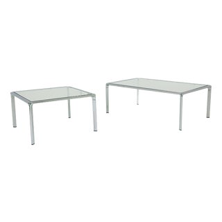 Mid-Century Modern Italian Bauhaus Coffee Tables in Chrome and Thick Glass, 1980s, Set of 2 For Sale