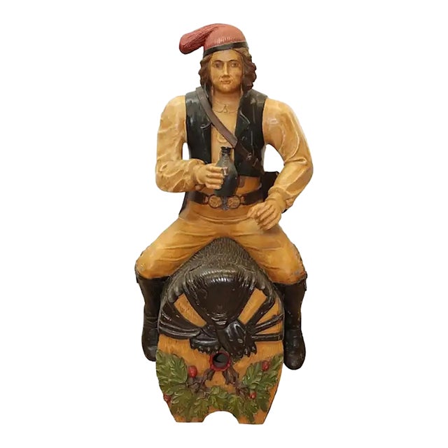 Large Black Forest-Type Figure Astride a Wine/Beer Barrel in Carved & Painted Wood For Sale