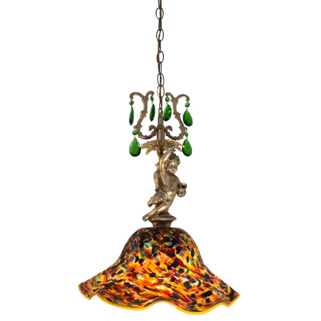 Signed Confetti Art Glass Shade Cherub Pendant Light For Sale - Image 13 of 17