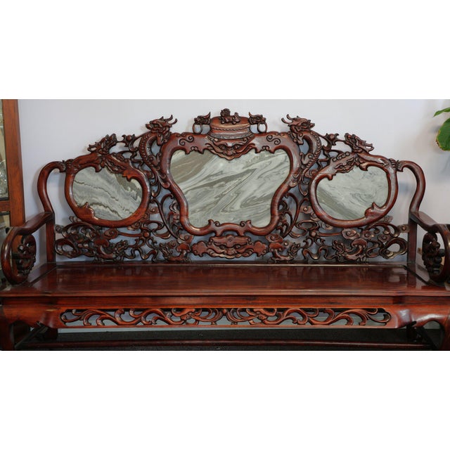 Magnificent Mid Century 66” Chinese Hand-Carved Rosewood (Hongmu) and Dali Dreamstone Marble Settee For Sale - Image 4 of 13