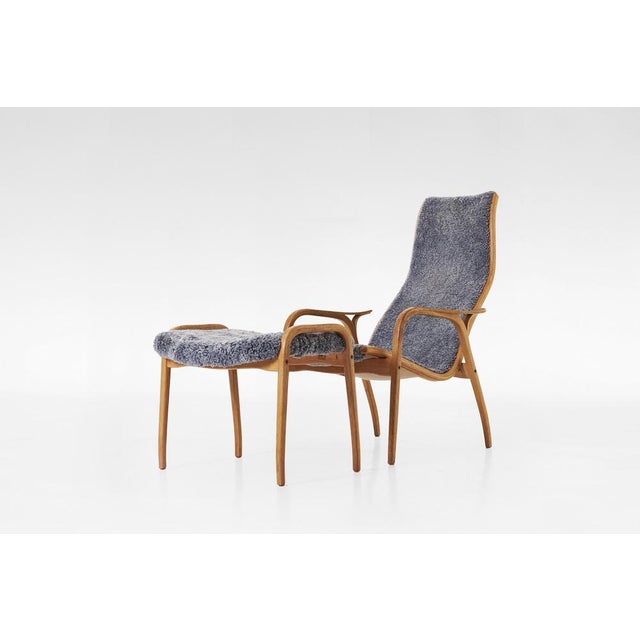 Set of Vintage Grey Sheepskin Lamino Lounge Chair and Ottoman by Yngve Ekström for Swedese For Sale - Image 3 of 7