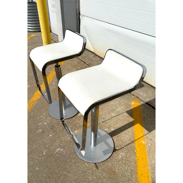 Textile Adjustable Chrome White Leatherette Bar Stools Pair For Sale - Image 7 of 10