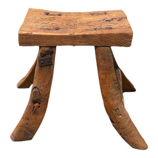 19th Century Primitive Early Antique Mortised Stool Seat, Chinese Elm Wood For Sale