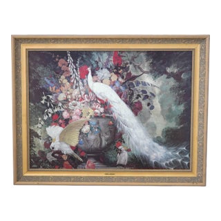 Large Oil on Canvas Peacock Painting - Artist Signed For Sale