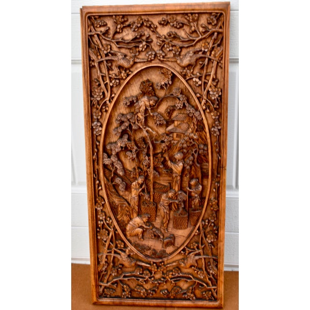 Vintage Wood Wall Plaque Chinese Hand Carved Panel High Relief Figural Asian 3d For Sale - Image 4 of 16
