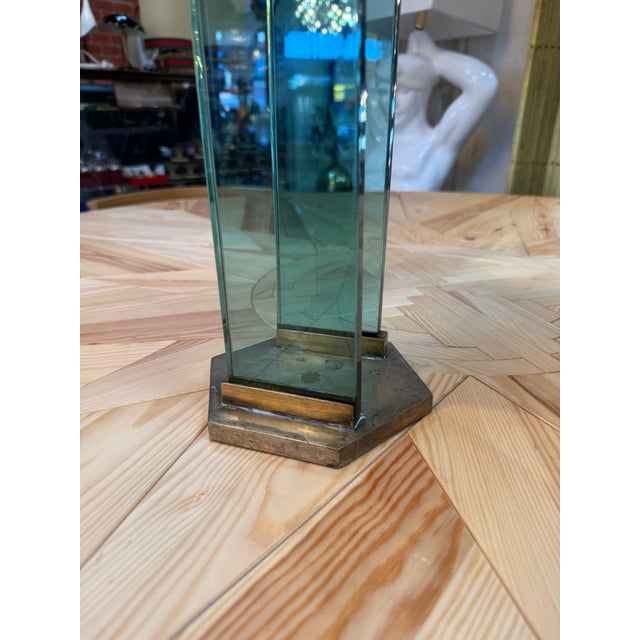 Modern 1970s Fontana Arte Style Brass and Blue Glass Table Lamps - a Pair For Sale - Image 3 of 10