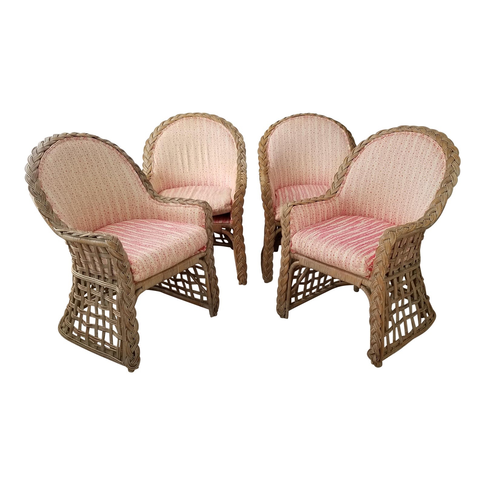 Set Of Four Vintage Tropical Rattan Island Style Wicker Braided 