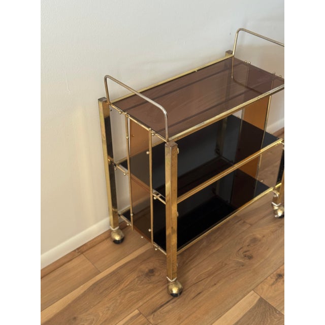 Vintage Gold-Tone Metal and Plastic Three-Tier Bar Cart For Sale - Image 12 of 12