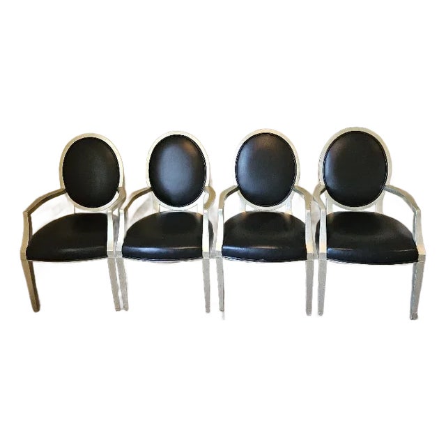 1990s Louis XVI Style Giltwood and Leather Fauteuil Dining Chairs - Set of 4 For Sale