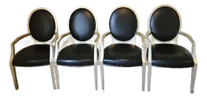 1990s Louis XVI Style Giltwood and Leather Fauteuil Dining Chairs - Set of 4