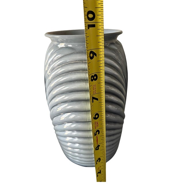 Art Deco Revival Ribbed Wrapped Art Glass Vase Vintage Gray Inspired by Plissé Glass For Sale - Image 4 of 8