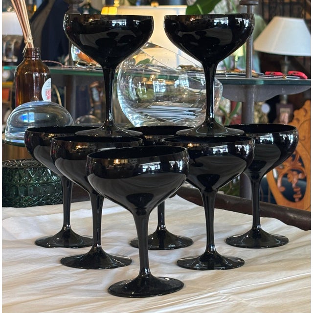 1990s Opaque Black Glass Champagne Coupes - Set of 8 For Sale In Saint Louis - Image 6 of 7