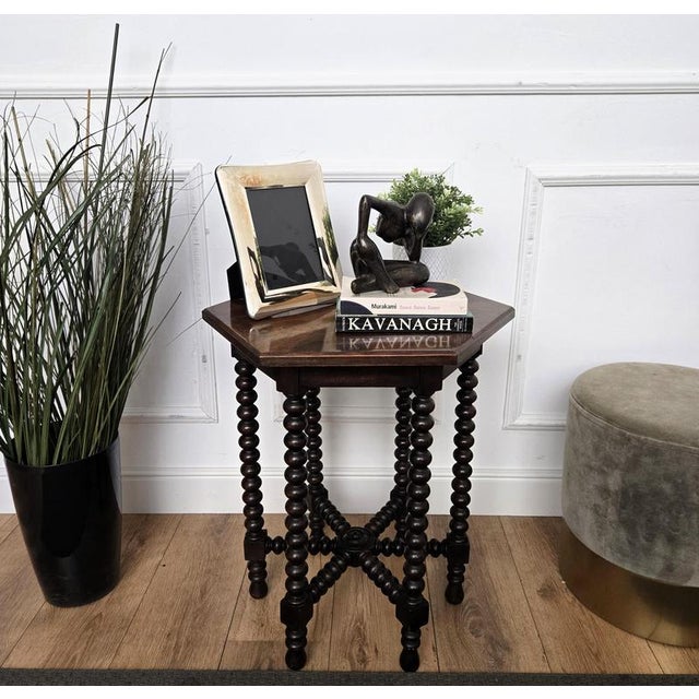 Antique Italian Hexagonal Walnut Side Table with Bobbin Turned Legs, 1890s For Sale - Image 3 of 11