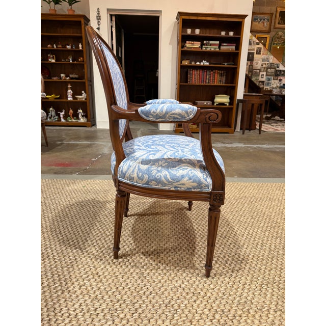Brown Pair of Louis XVI Style Fauteuils Carved Walnut Arm Chairs Blue White Damask Floral For Sale - Image 8 of 8