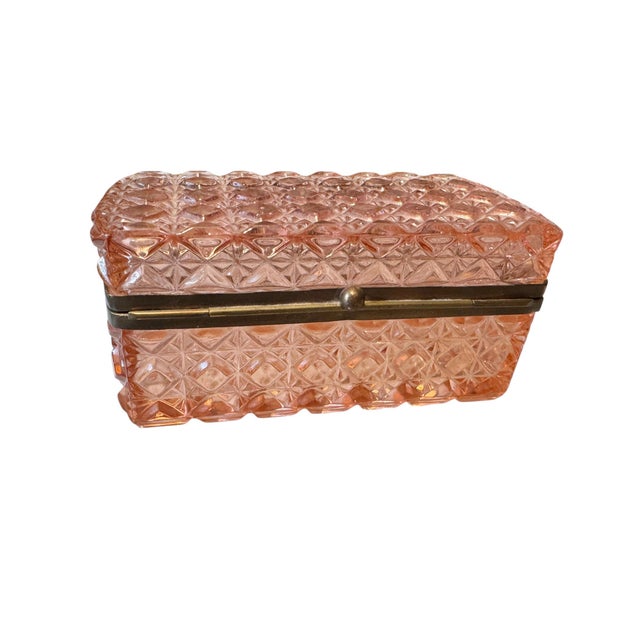 Metal Large Antique Continental Pink Pressed Glass Jewelry Casket With Brass Mounts For Sale - Image 7 of 9