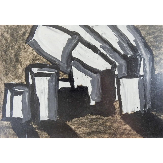 Mid-Century Modern Vintage Mid Century Abstract Black White Tan Geometric Painting For Sale - Image 3 of 3