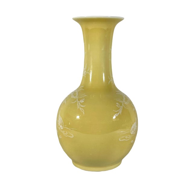 Chinoiserie Vintage Lemon Yellow Monochrome Fine Porcelain Chinese Vase With Hand Painted White Pate Scenic Relief For Sale - Image 3 of 10