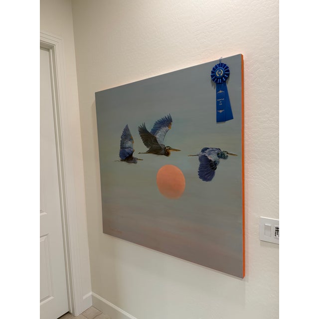 Sky Blue Large Contemporary Oil Painting Blue Herons Over Sunset For Sale - Image 8 of 14