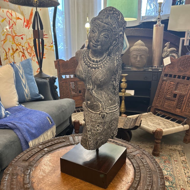 Wood 1970s Solid Stone Asian Deity Goddess Sculpture Mounted on Thick Mahogany Wood Block For Sale - Image 7 of 7