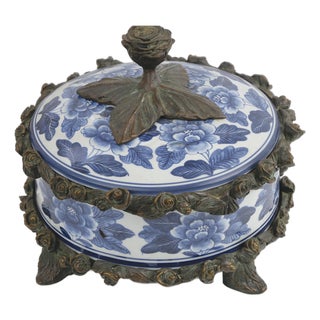 Vintage Maitland-Smith Blue and White Porcelain Box With Brass Hand Painted Floral Details For Sale