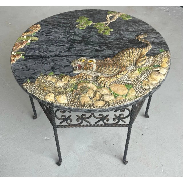 Metal Ornate Grotto Shell Tiger Motif Round Marble Coffee Table With Iron Base For Sale - Image 7 of 7