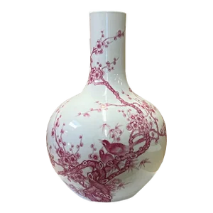 Chinese Porcelain Plum Red Flower Bird Fat Body Shape Vase