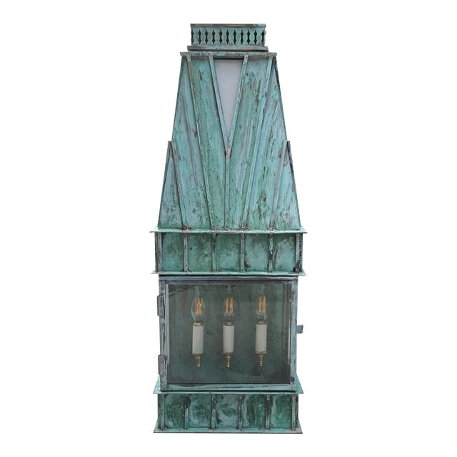 Single Monumental Art Deco Style Verdigris Copper & Brass Wall Lantern For Sale