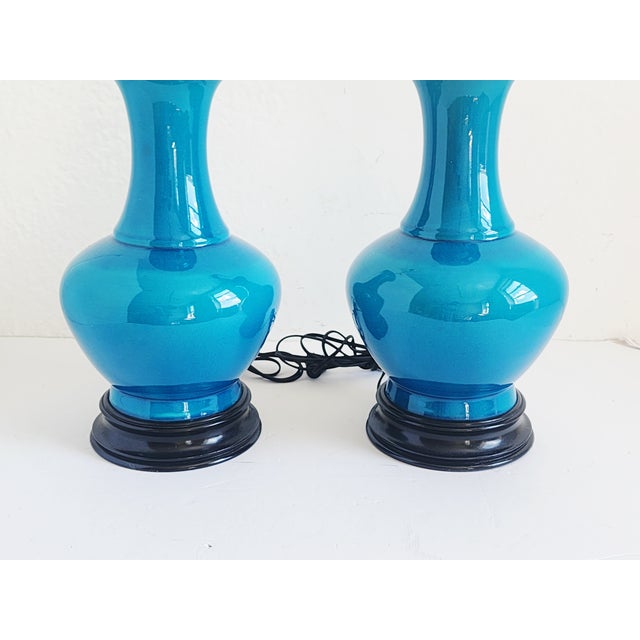 1950s Mid Century Modern Blue Cerulean Table Lamps-a Pair For Sale - Image 5 of 12