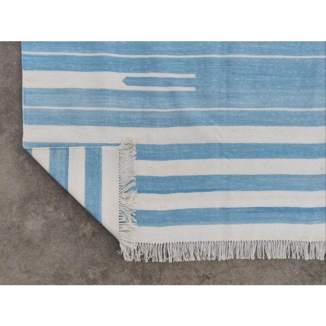 Casa Cosima Handmade Reversible Cotton Vegetable Dyed Blue and White Striped Rug-6'x9' For Sale - Image 4 of 12