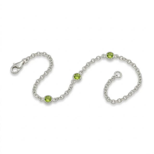 Contemporary Natural Peridot Silver Birthstone Bracelet, Dainty Minimalist Gemstone Chain Link Bracelet For Sale - Image 3 of 4