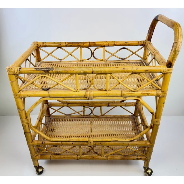 Chinoiserie Vintage Bamboo and Cane Two-Tier Bar Cart With Brass Casters For Sale - Image 3 of 13