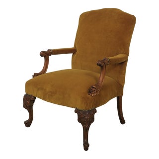 Vintage Carved Frame Open Arm Upholstered Chair For Sale