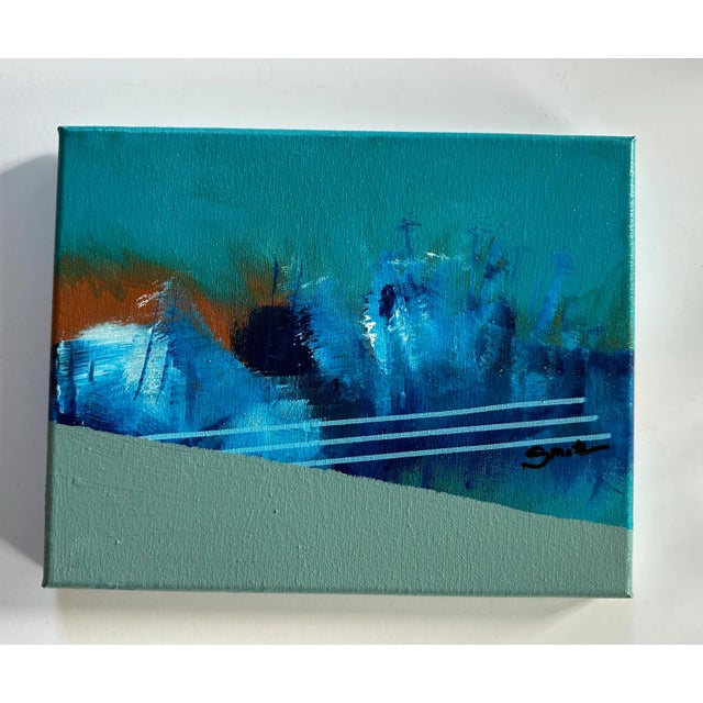 Contemporary Acrylic Abstract in blue. Lines that never cross are parallel. There’s something peaceful about them. Signed...