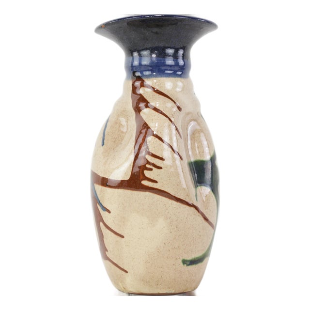 Vintage Handcrafted Pottery Vase With Abstract Glaze Design and Flared Rim For Sale
